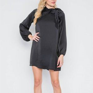 Black Satin Long Sleeve Ruffle Dress